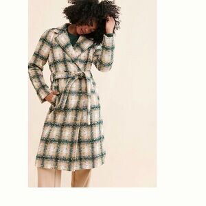 Avec Les Filles Green and Cream Plaid Pea Coat
